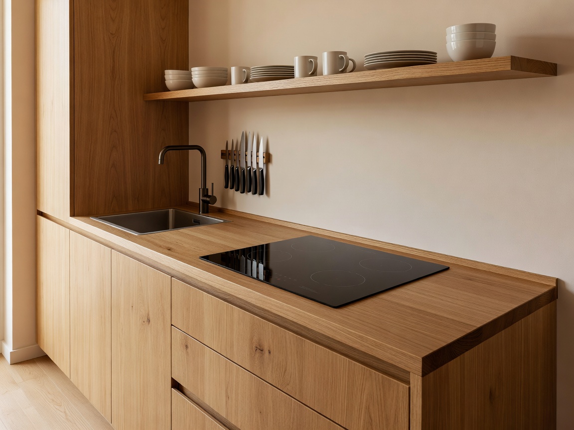 Compact Ergonomic Kitchen Interior with Wooden Countertop and Induction Stove