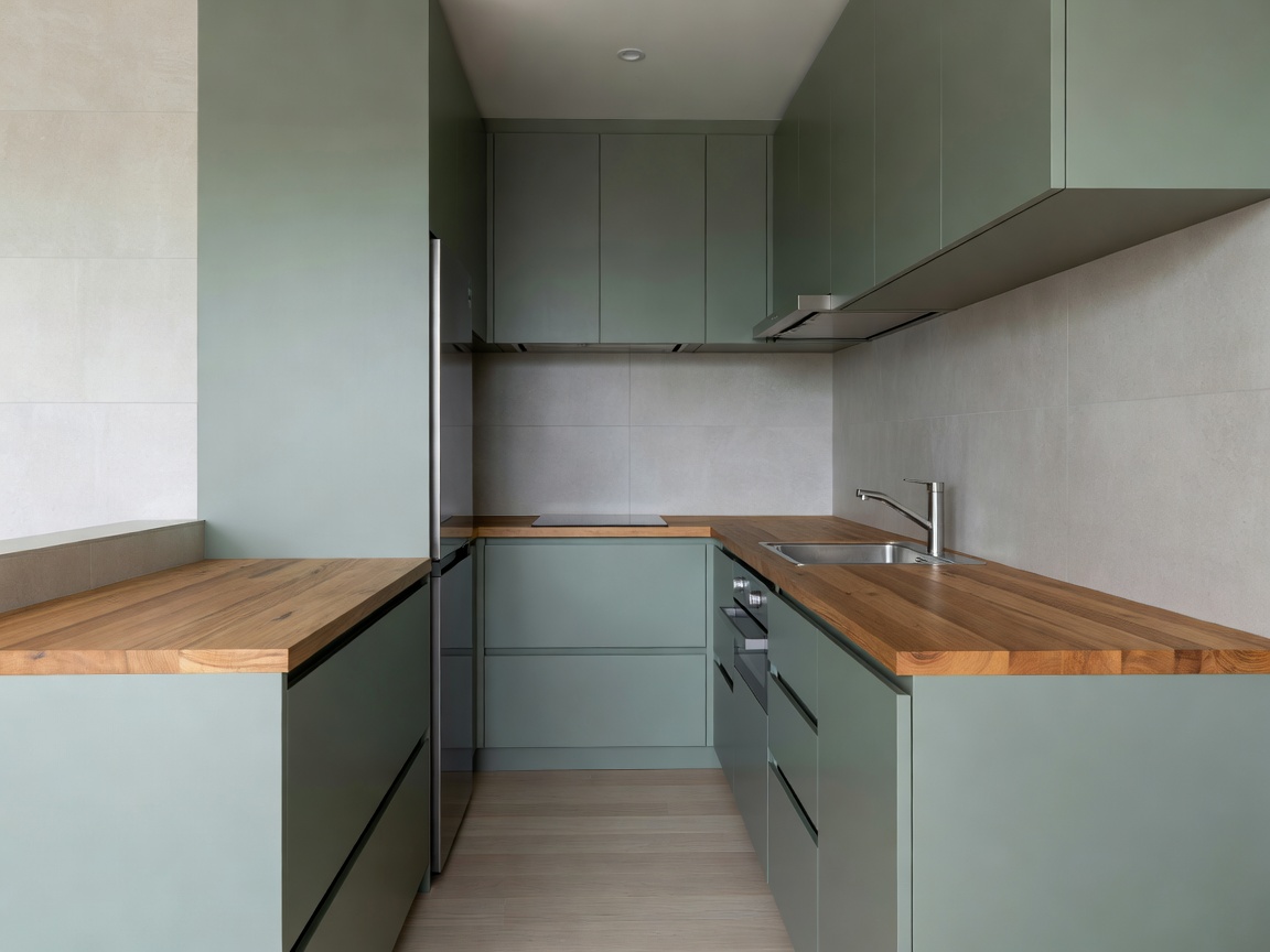 Compact modern galley micro-kitchen with natural wooden counters and sage green cabinets