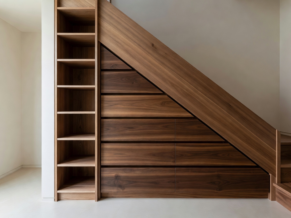 Custom Under-Stair Drawers and Vertical Wood Shelving Units