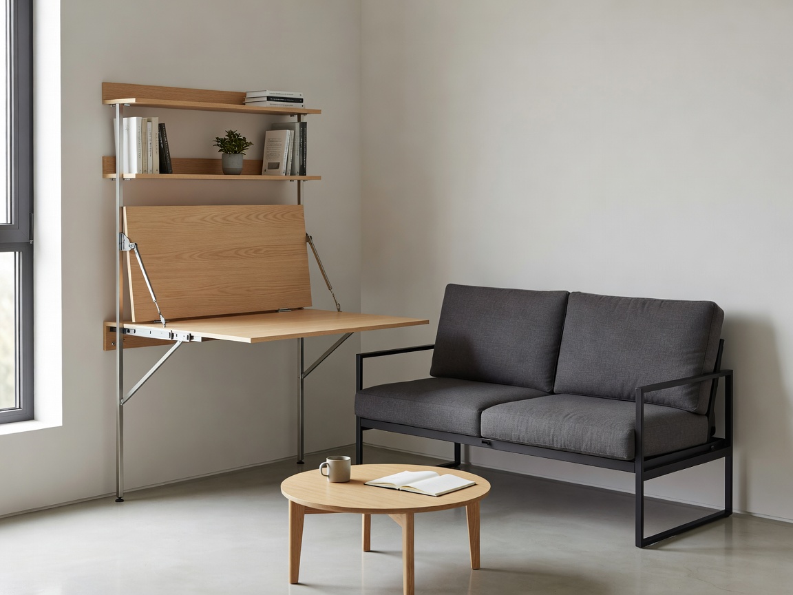 Fold out wall desk and modern sofa converting system in micro living room