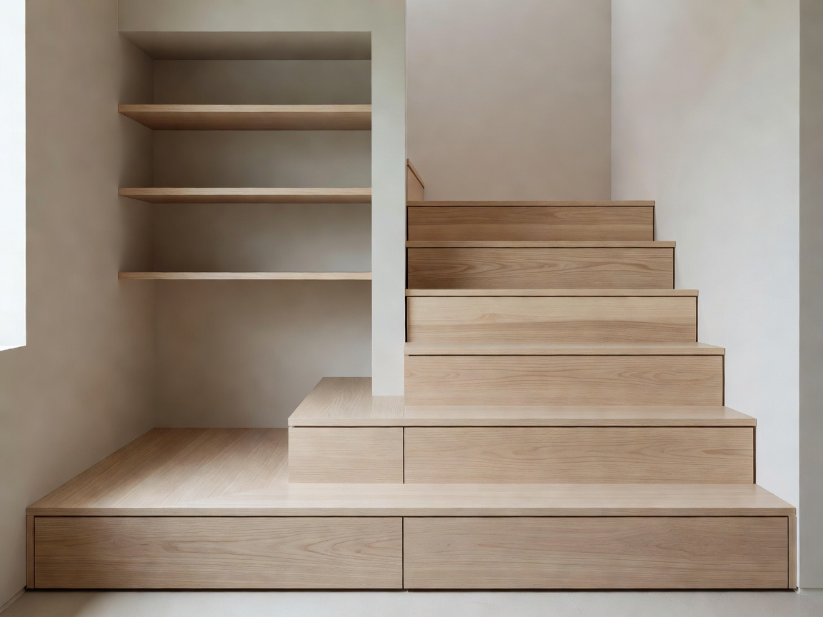 Minimalist light wood built in staircase with storage drawers and shelves