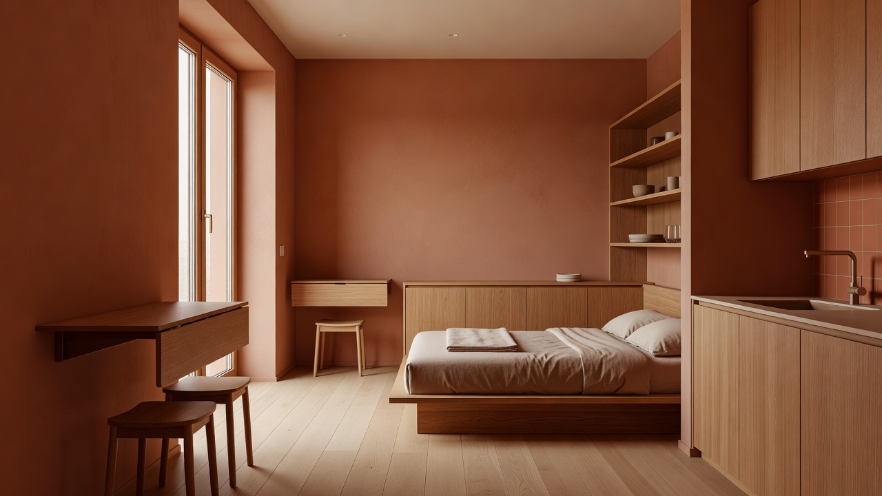 Modern Minimalist Micro-Apartment Interior with Warm Terracotta and Wood Tones