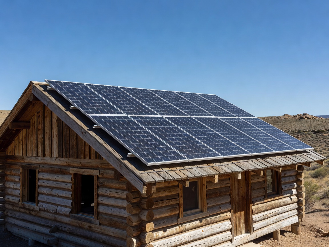 Roof mounted solar panel array on off-grid wood frame home