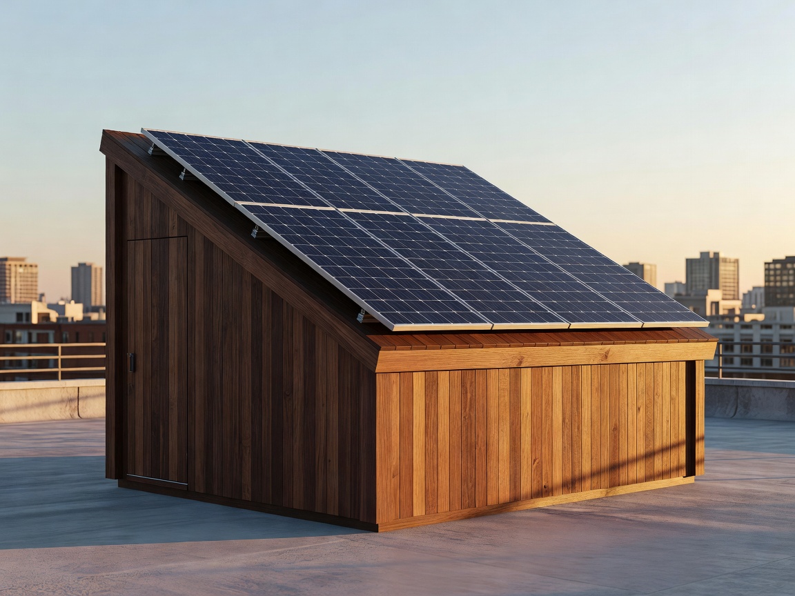 Rooftop Solar Panels Mounted on Modern Micro Wooden Cabin